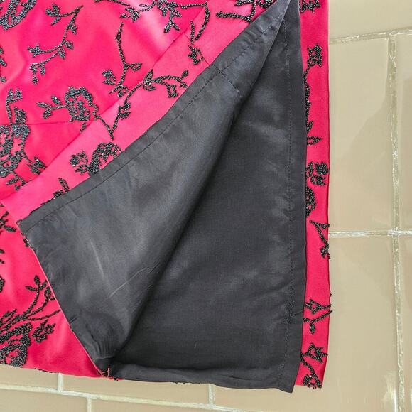 Rare Vintage 90s Christina Perrin Red Satin Beaded Floral Knee Length Skirt Sz 6 - Picture 7 of 7